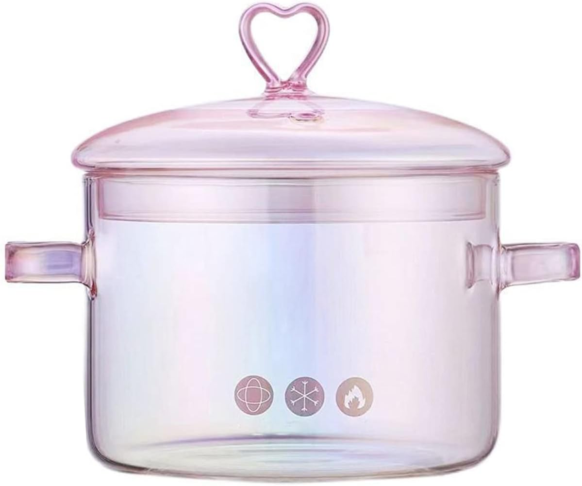 Pink Glass Saucepan with Lid and Handle, 1.5L/50oz Glass Cooking Pot, Safe for Pasta, Soup, Milk, Baby Food