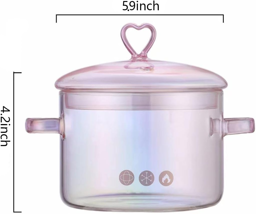 Pink Glass Saucepan with Lid and Handle, 1.5L/50oz Glass Cooking Pot, Safe for Pasta, Soup, Milk, Baby Food