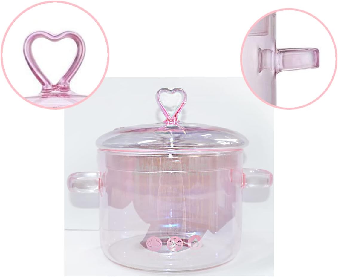 Pink Glass Saucepan with Lid and Handle, 1.5L/50oz Glass Cooking Pot, Safe for Pasta, Soup, Milk, Baby Food