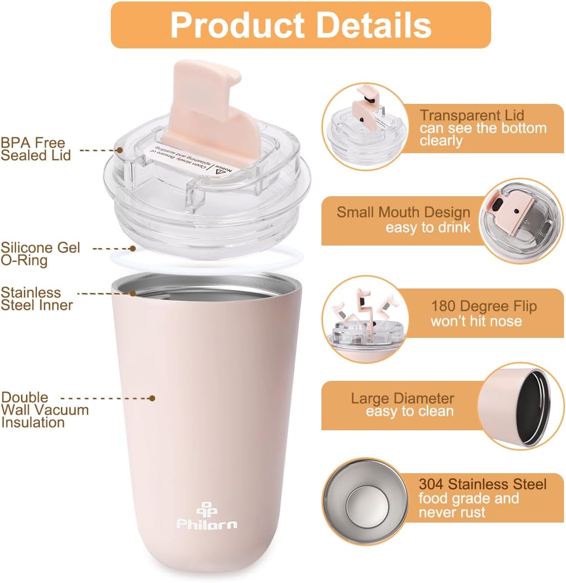 Pink Coffee Tumbler - 12 OZ Insulated Coffee Mug With Lid