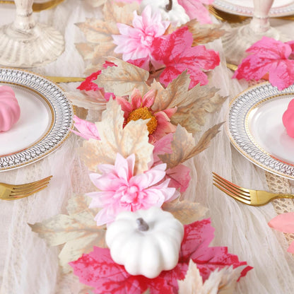 5.7FT Pink Pumpkins Fall Garland Maple Leaves Thanksgiving Table Decor