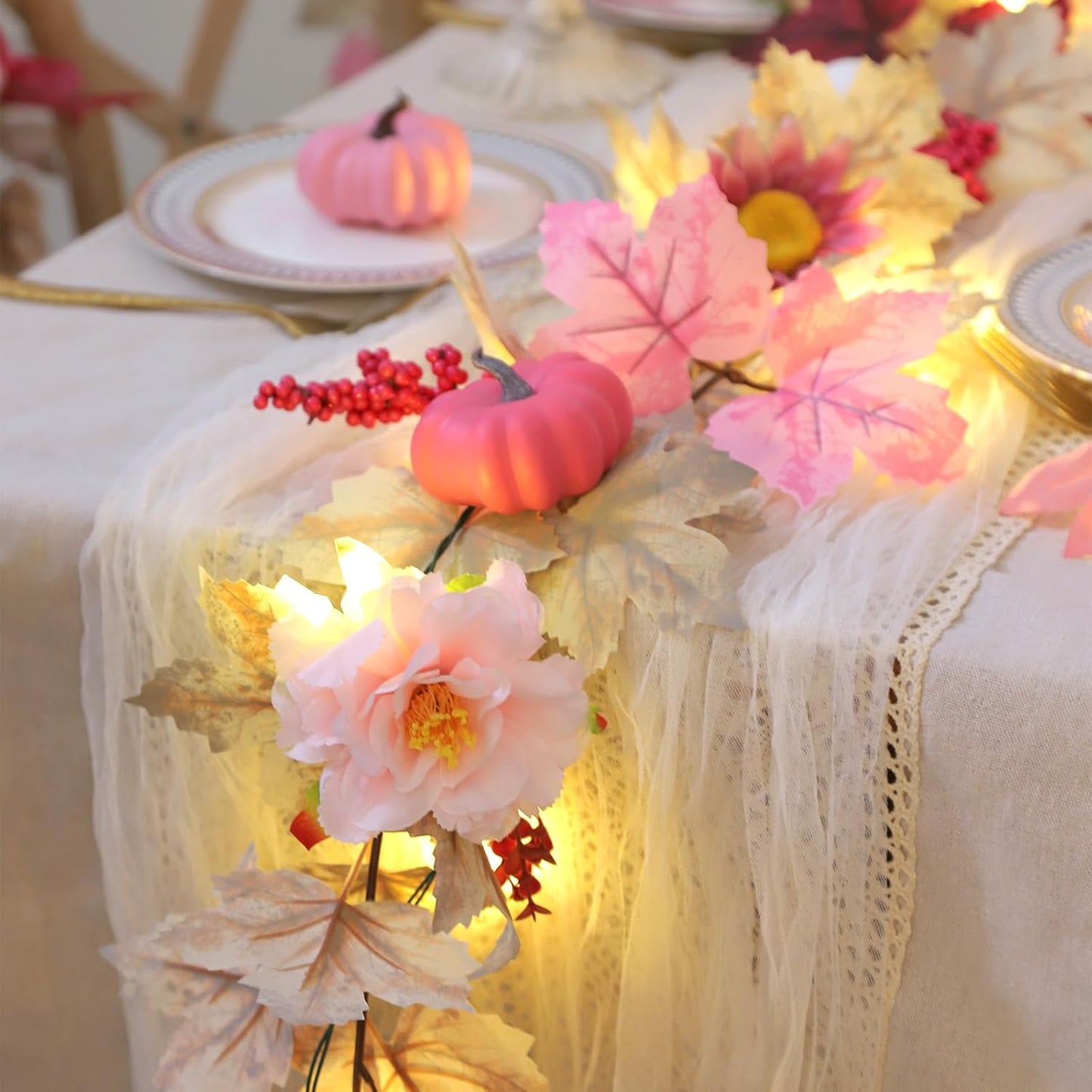 5.7FT Pink Pumpkins Fall Garland Maple Leaves Thanksgiving Table Decor