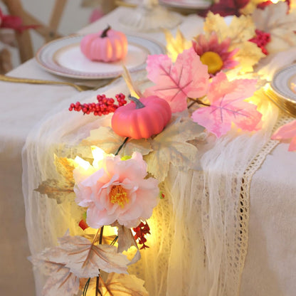 5.7FT Pink Pumpkins Fall Garland Maple Leaves Thanksgiving Table Decor
