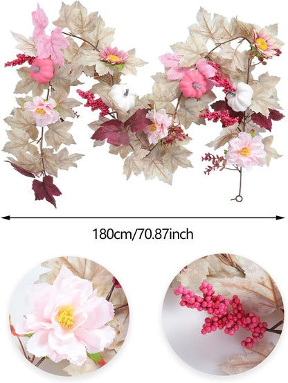5.7FT Pink Pumpkins Fall Garland Maple Leaves Thanksgiving Table Decor