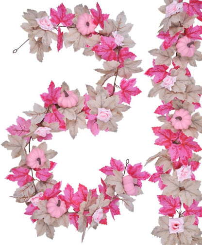 5.7FT Pink Pumpkins Fall Garland Maple Leaves Thanksgiving Table Decor