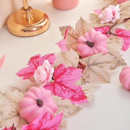 5.7FT Pink Pumpkins Fall Garland Maple Leaves Thanksgiving Table Decor