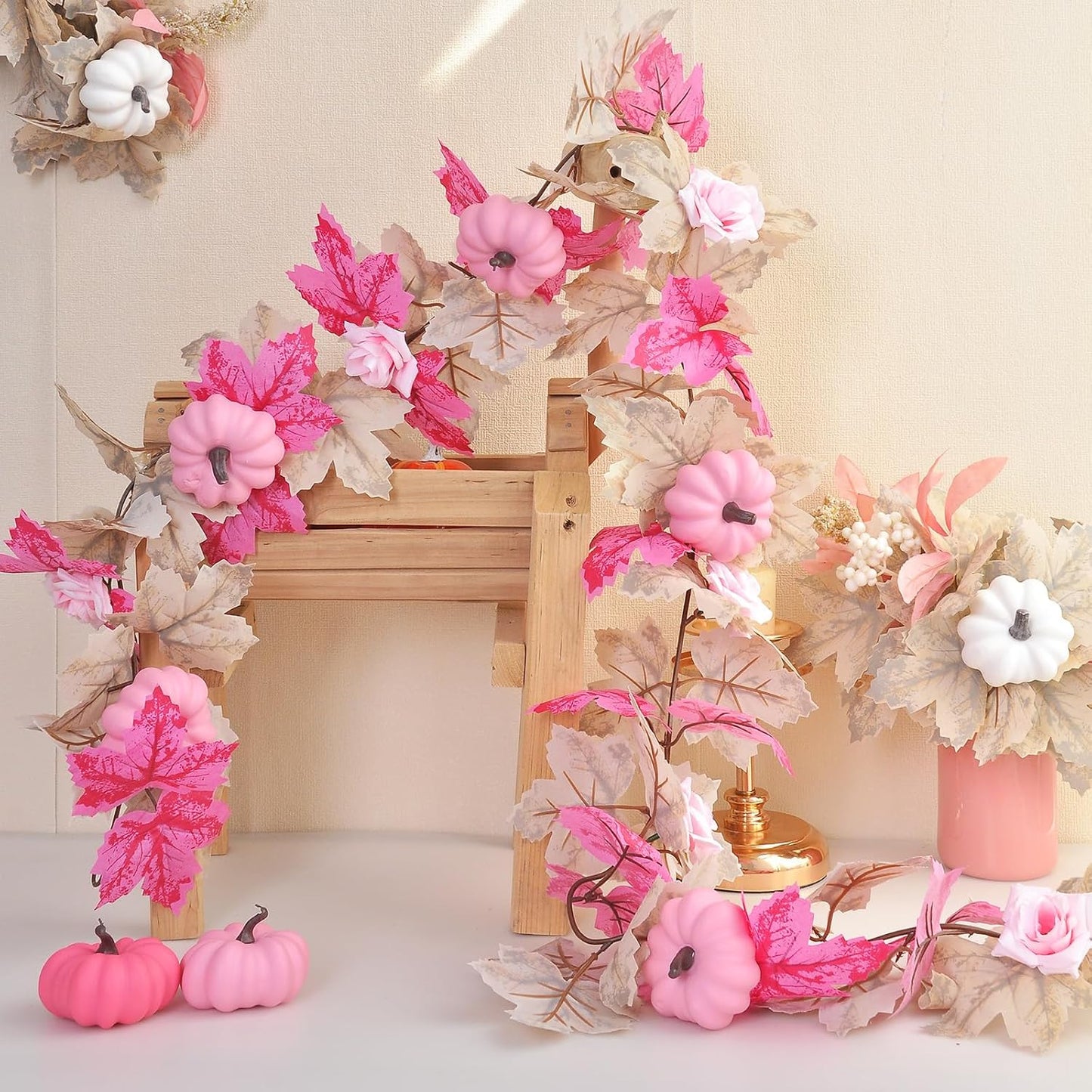 5.7FT Pink Pumpkins Fall Garland Maple Leaves Thanksgiving Table Decor