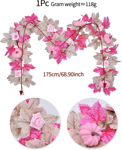 5.7FT Pink Pumpkins Fall Garland Maple Leaves Thanksgiving Table Decor