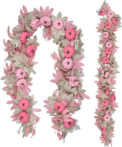 5.7FT Pink Pumpkins Fall Garland Maple Leaves Thanksgiving Table Decor