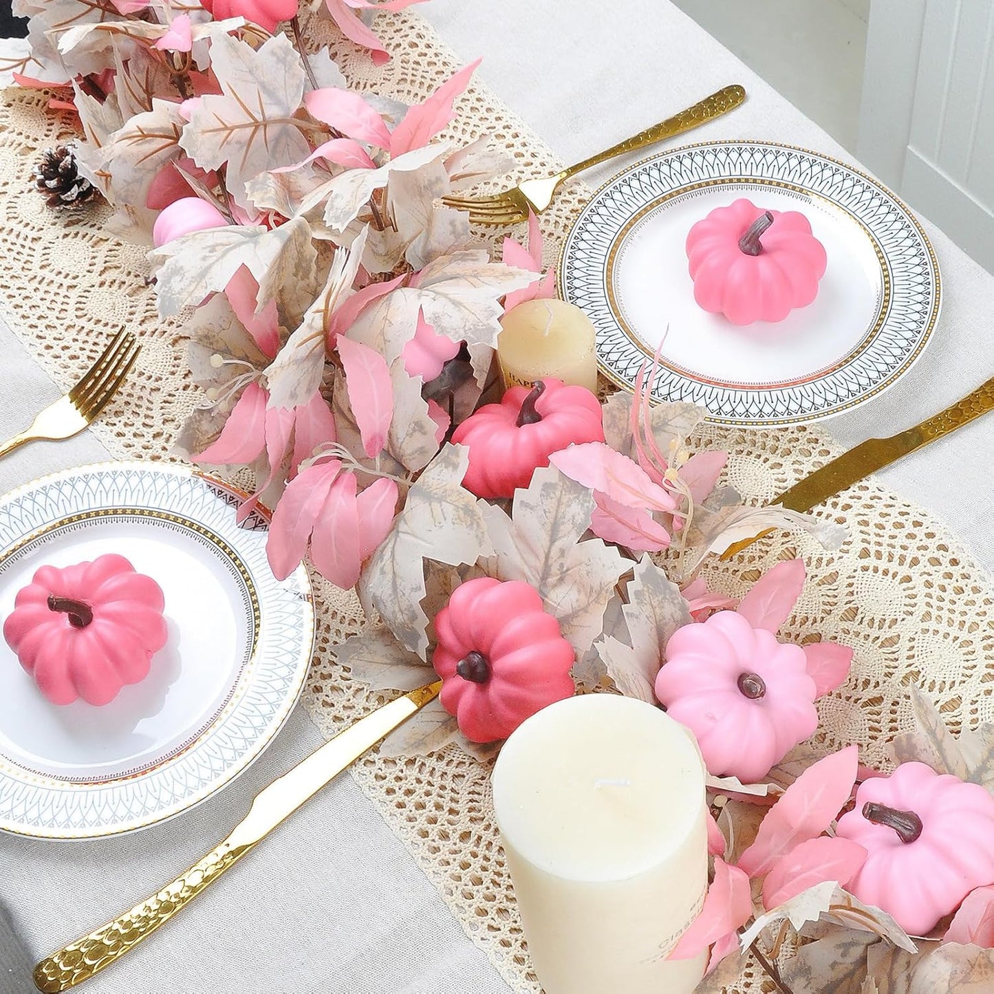 5.7FT Pink Pumpkins Fall Garland Maple Leaves Thanksgiving Table Decor