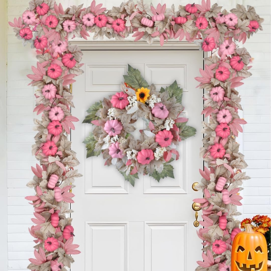 5.7FT Pink Pumpkins Fall Garland Maple Leaves Thanksgiving Table Decor