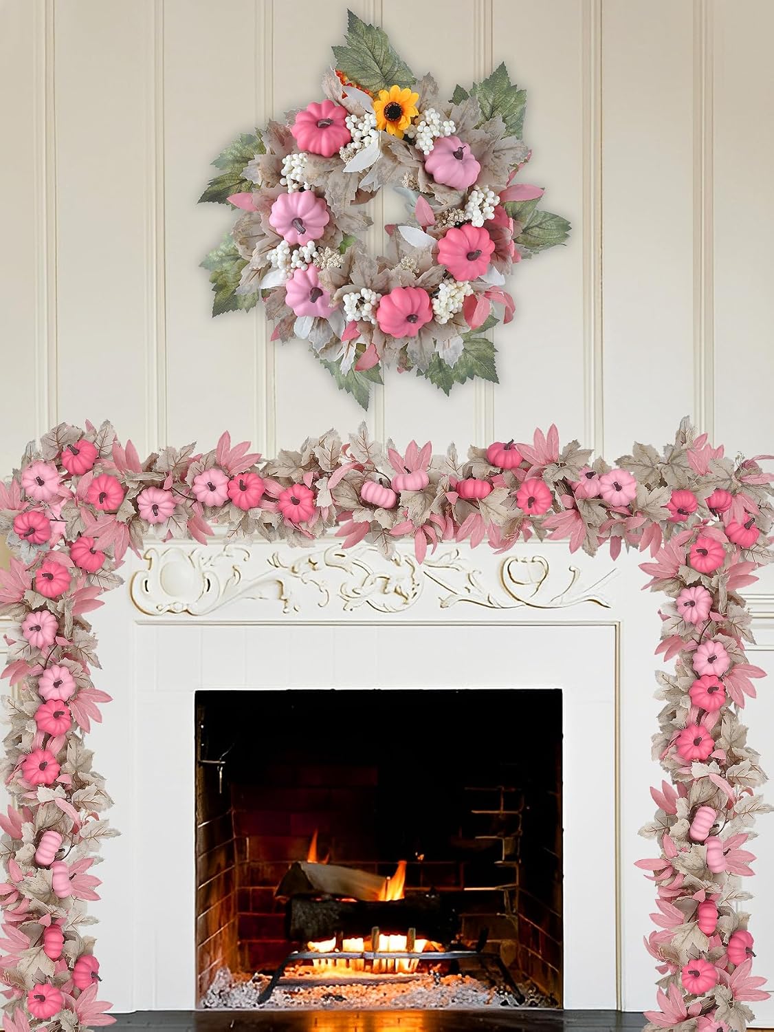 5.7FT Pink Pumpkins Fall Garland Maple Leaves Thanksgiving Table Decor