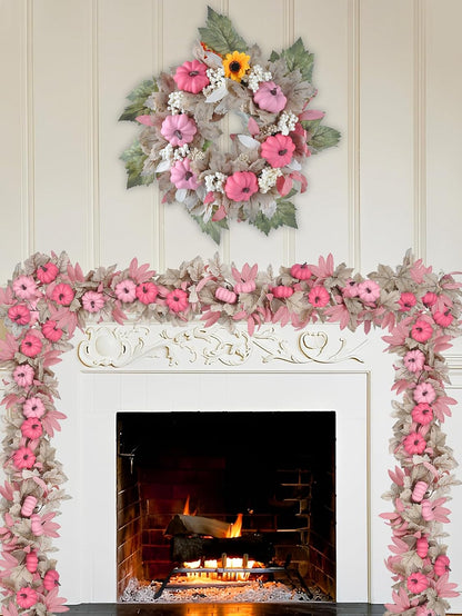 5.7FT Pink Pumpkins Fall Garland Maple Leaves Thanksgiving Table Decor