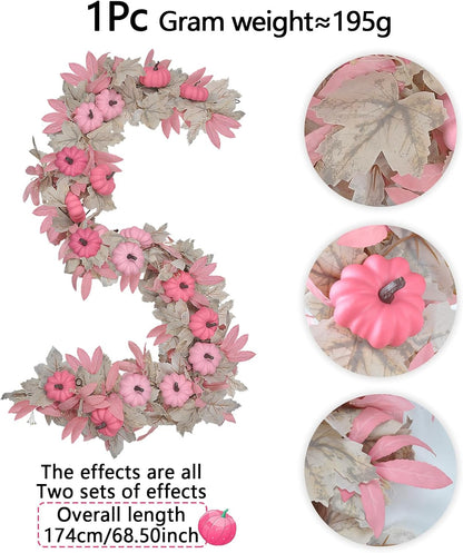 5.7FT Pink Pumpkins Fall Garland Maple Leaves Thanksgiving Table Decor