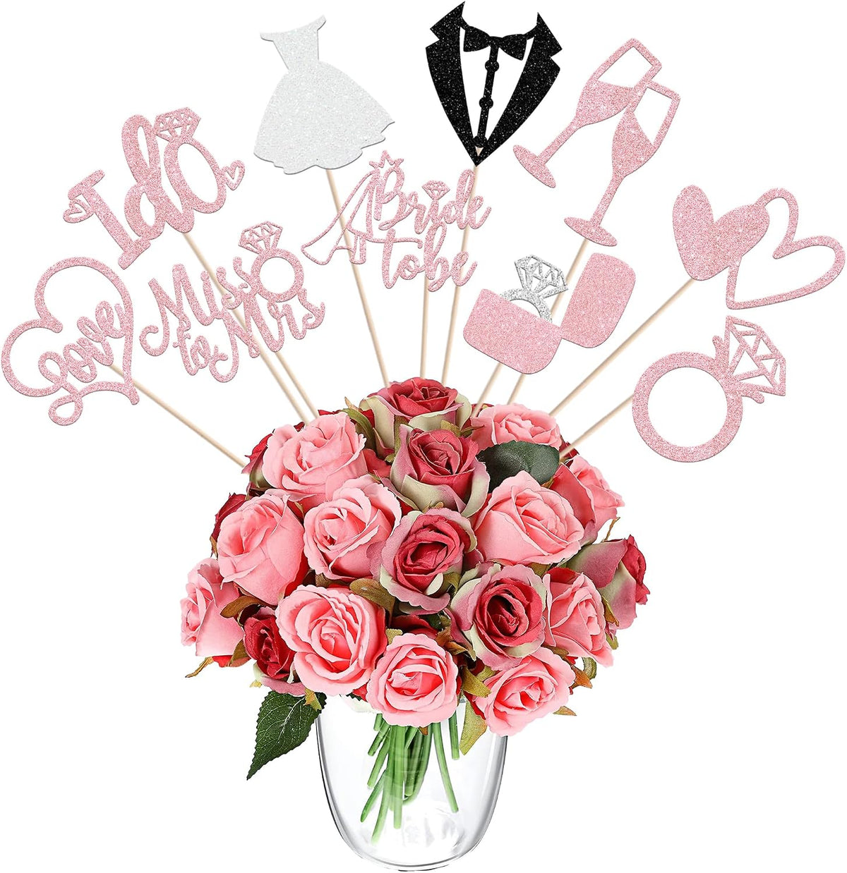 10 PCS Bride to Be Centerpiece Sticks Wedding Table Flower Centerpieces Sticks I Do Love Heart Ring Miss to Mrs Floral Decorations for Wedding Engagement Bridal Shower Party Supplies Pink