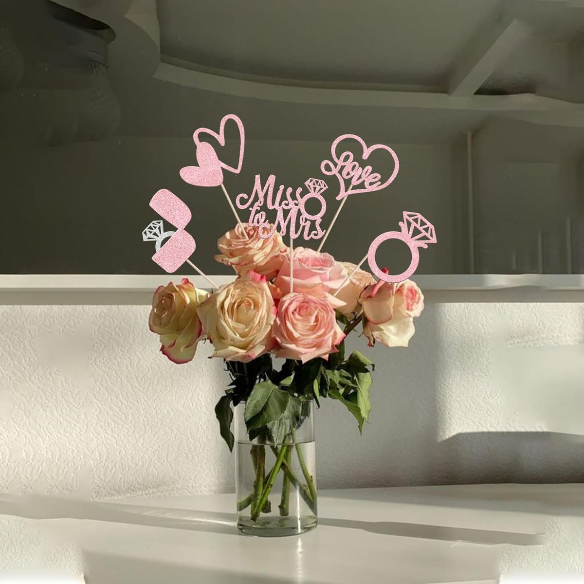 10 PCS Bride to Be Centerpiece Sticks Wedding Table Flower Centerpieces Sticks I Do Love Heart Ring Miss to Mrs Floral Decorations for Wedding Engagement Bridal Shower Party Supplies Pink