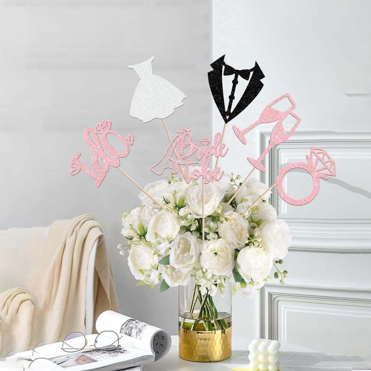 10 PCS Bride to Be Centerpiece Sticks Wedding Table Flower Centerpieces Sticks I Do Love Heart Ring Miss to Mrs Floral Decorations for Wedding Engagement Bridal Shower Party Supplies Pink