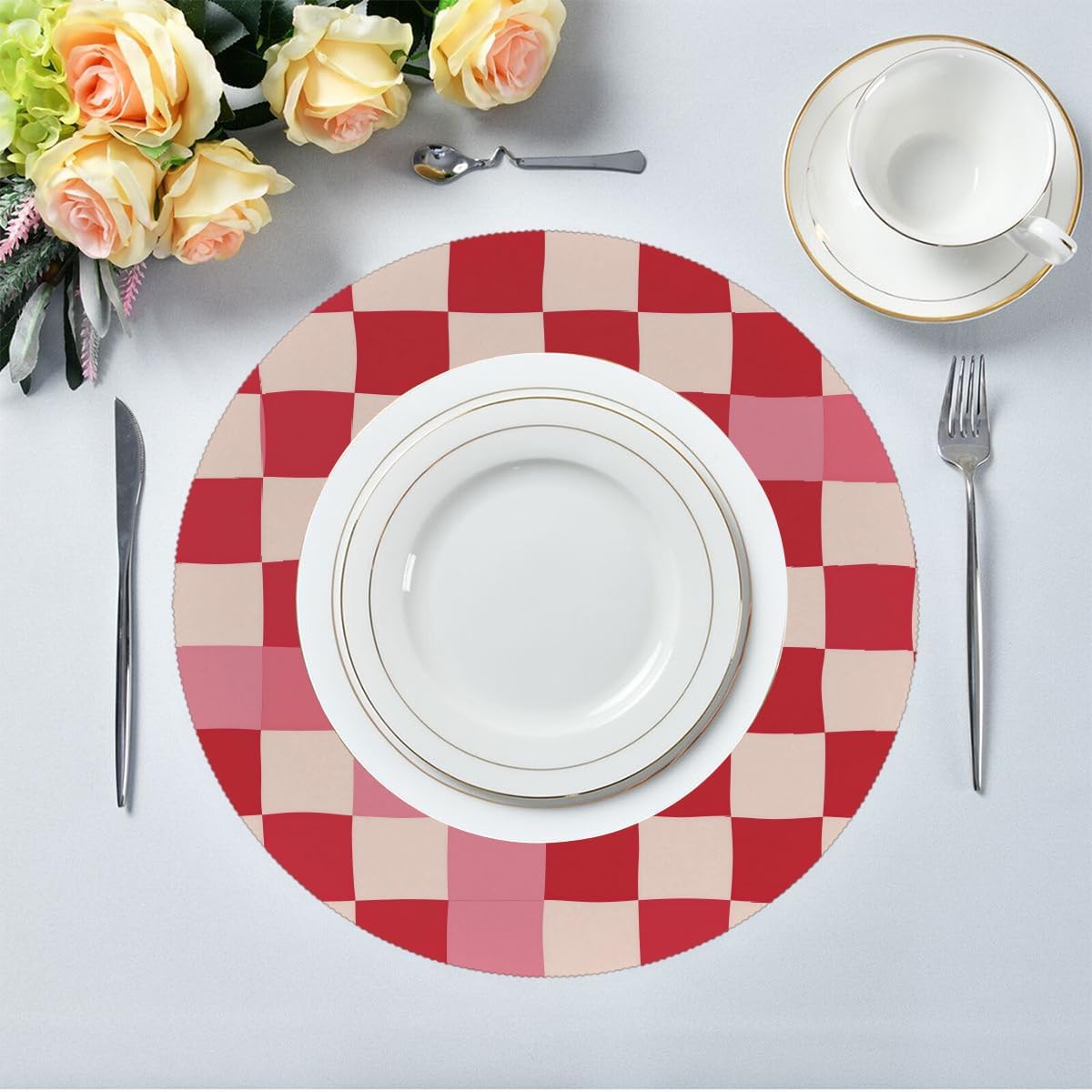 Round Placemats Set of 1, Pink Beige Plaid Checkerboard Pattern Heat Resistant Washable Place Mats Table Mat for Kitchen Dining Party