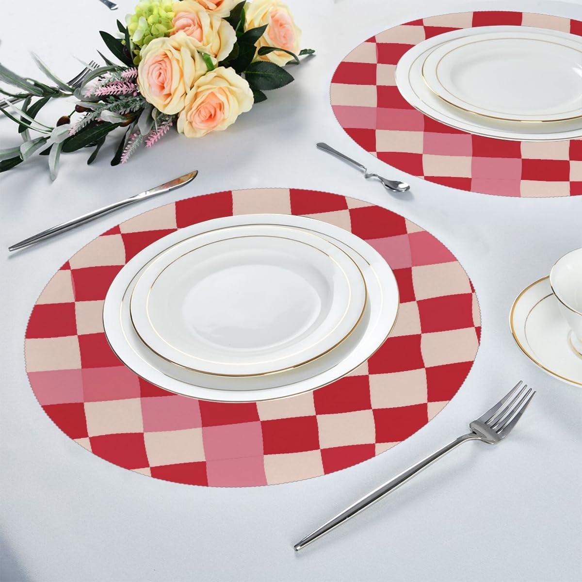 Round Placemats Set of 1, Pink Beige Plaid Checkerboard Pattern Heat Resistant Washable Place Mats Table Mat for Kitchen Dining Party