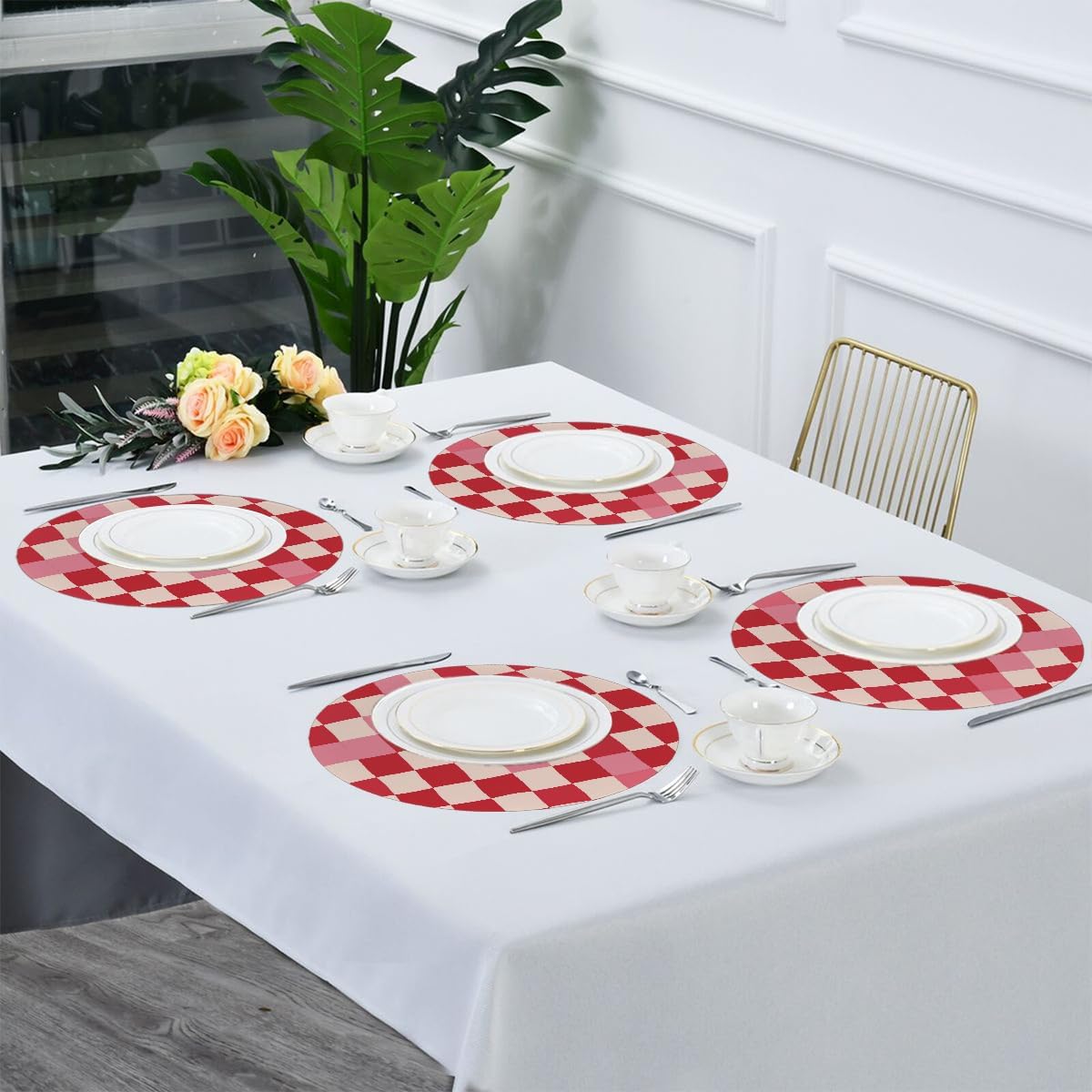 Round Placemats Set of 1, Pink Beige Plaid Checkerboard Pattern Heat Resistant Washable Place Mats Table Mat for Kitchen Dining Party