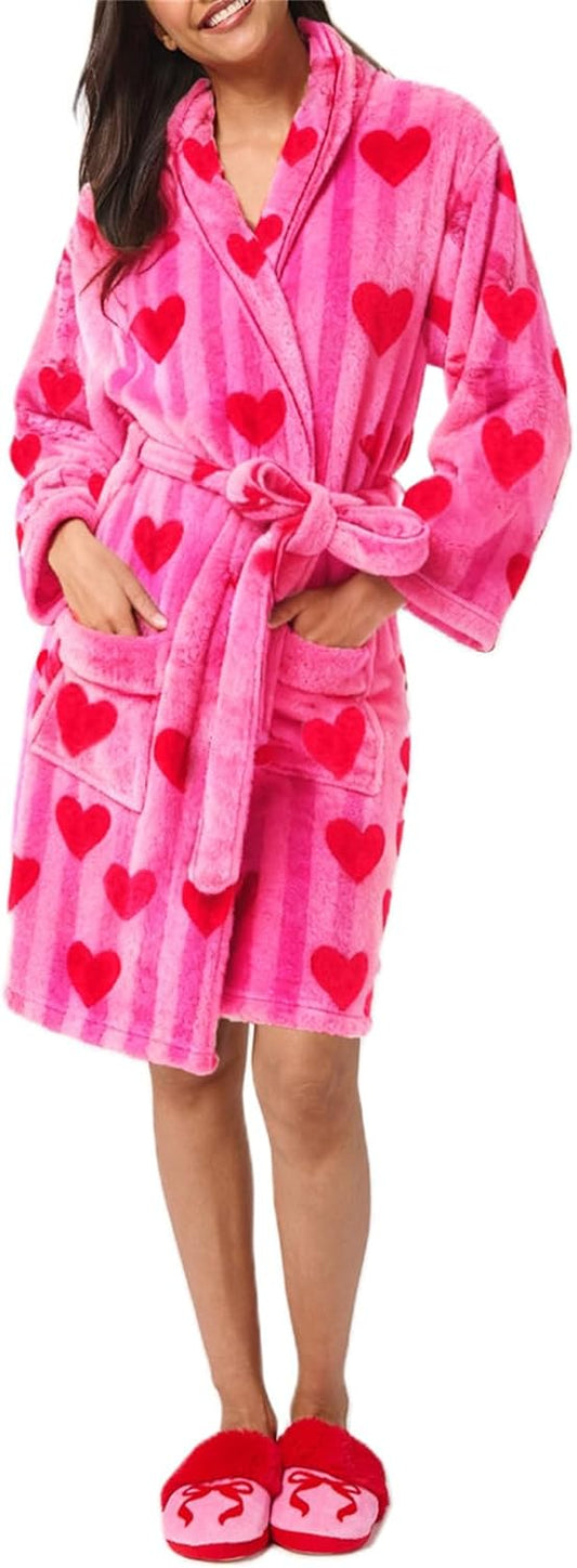 Women Cute Plush Robe Valentine's Day Print Fuzzy Long Sleeve Shawl Collar Bathrobe with Belt Holiday Soft Sleepwear