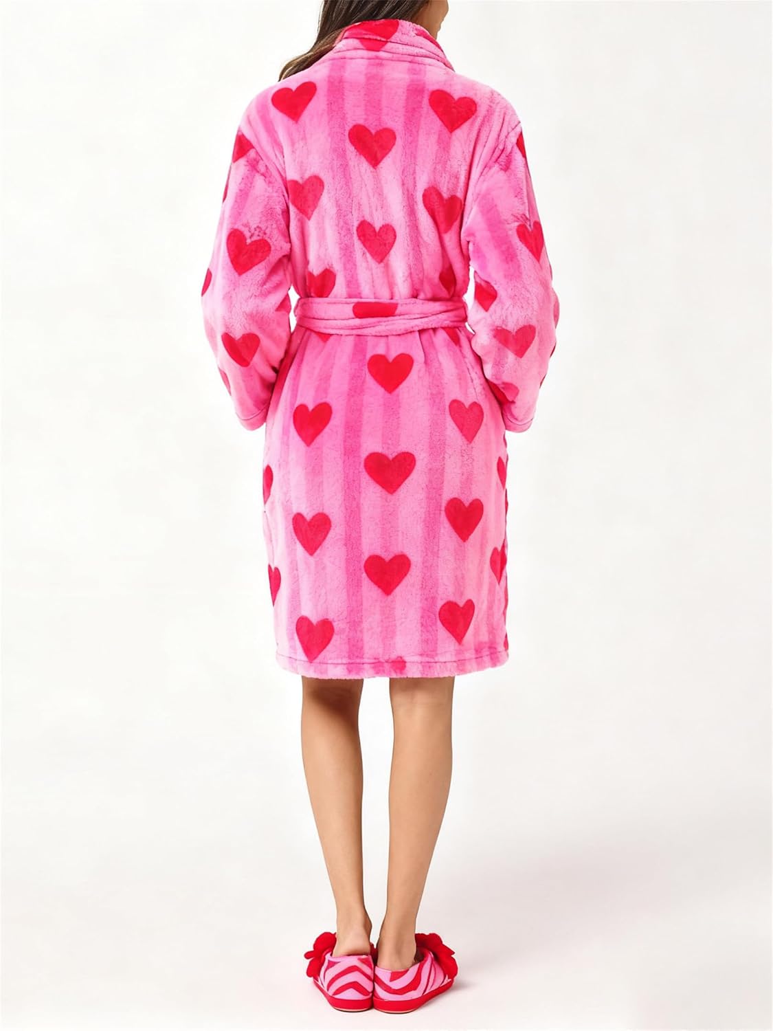 Women Cute Plush Robe Valentine's Day Print Fuzzy Long Sleeve Shawl Collar Bathrobe with Belt Holiday Soft Sleepwear