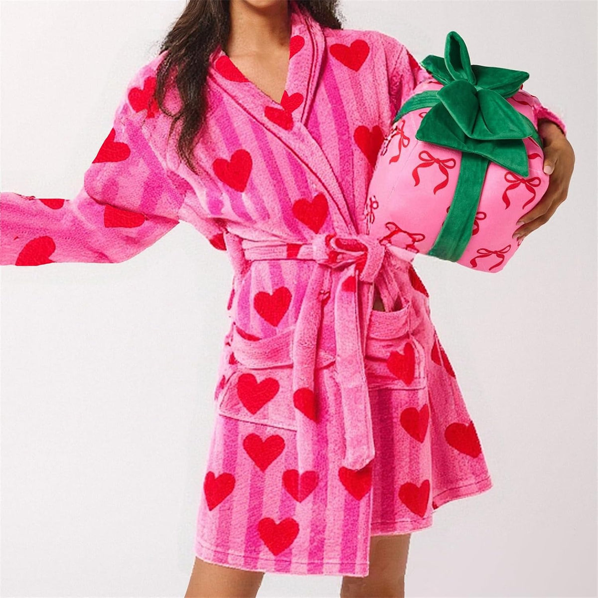 Women Cute Plush Robe Valentine's Day Print Fuzzy Long Sleeve Shawl Collar Bathrobe with Belt Holiday Soft Sleepwear