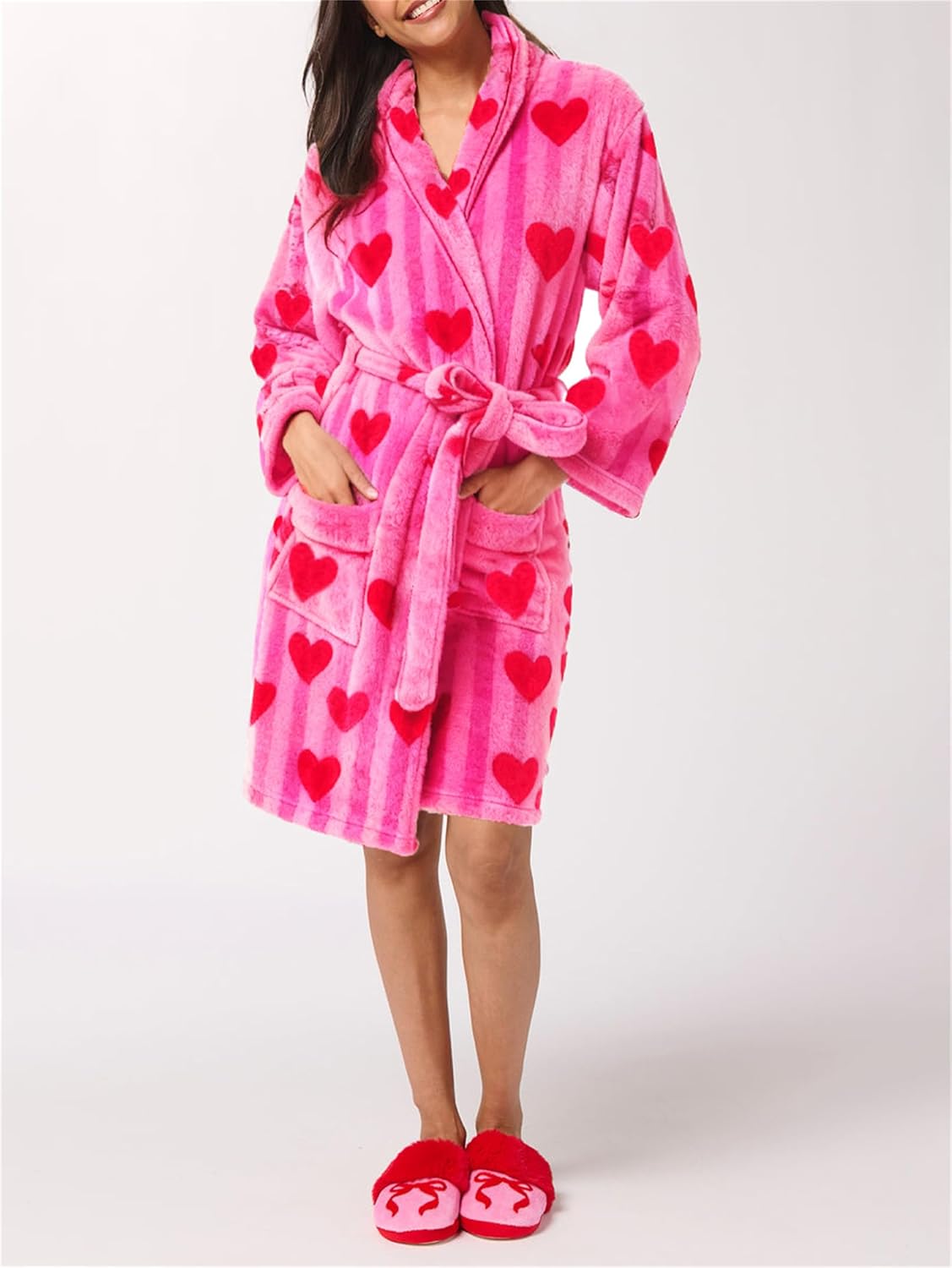 Women Cute Plush Robe Valentine's Day Print Fuzzy Long Sleeve Shawl Collar Bathrobe with Belt Holiday Soft Sleepwear
