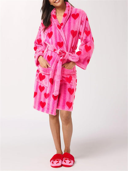 Women Cute Plush Robe Valentine's Day Print Fuzzy Long Sleeve Shawl Collar Bathrobe with Belt Holiday Soft Sleepwear