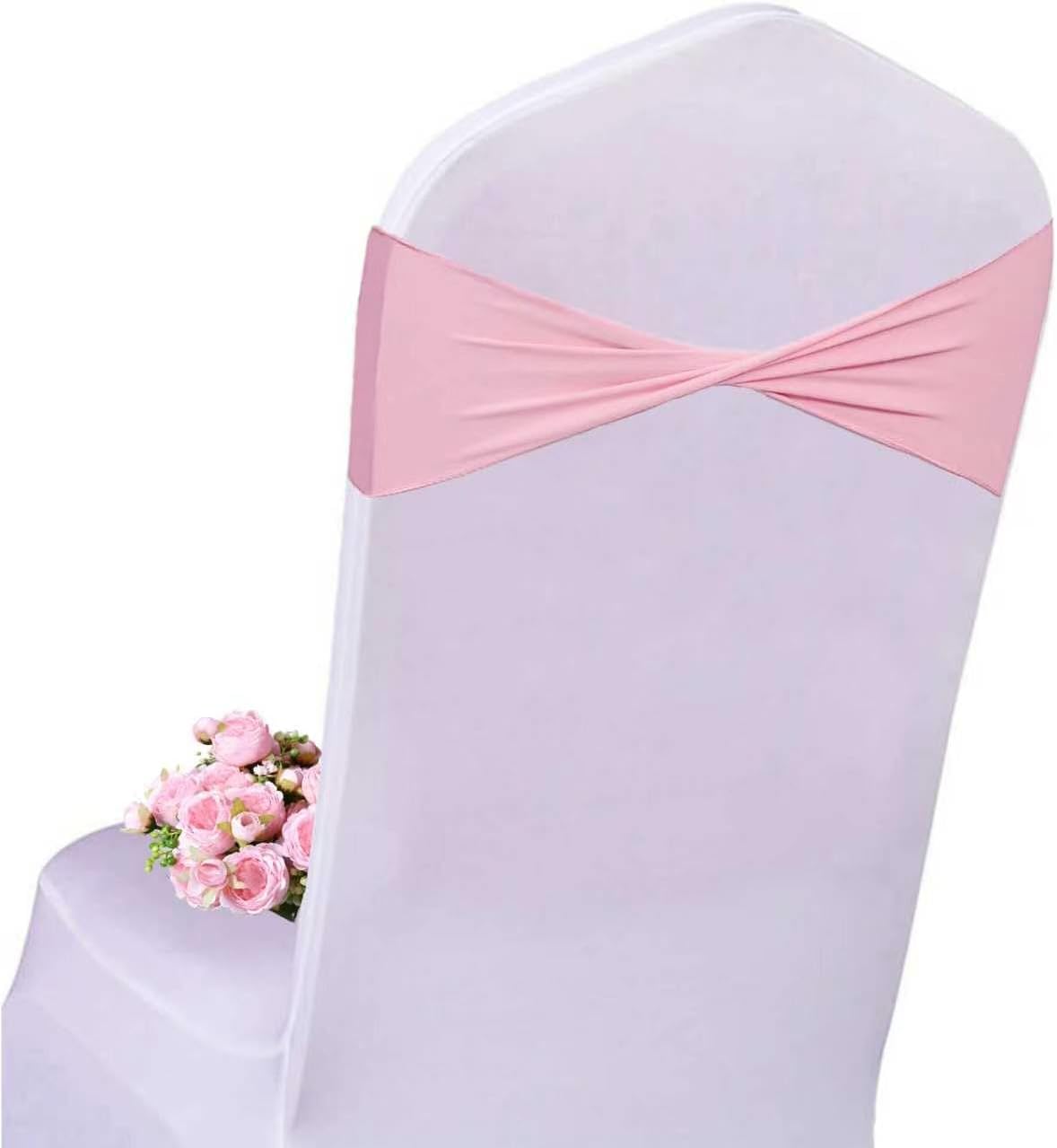 50 PCS Spandex Light Pink Chair Sashes Bows Stretch Chair Cover Bands Ties