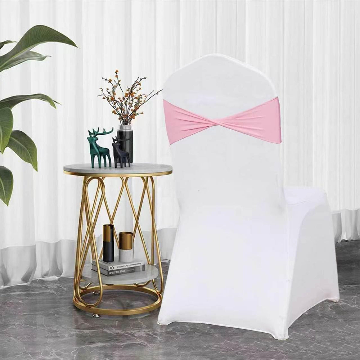 50 PCS Spandex Light Pink Chair Sashes Bows Stretch Chair Cover Bands Ties