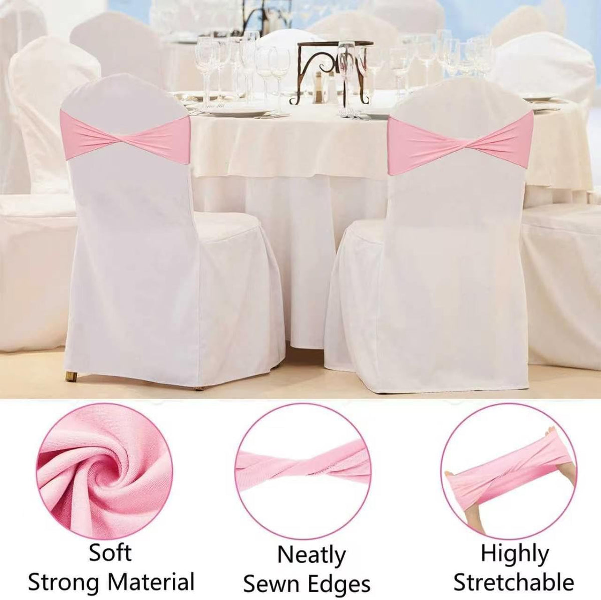 50 PCS Spandex Light Pink Chair Sashes Bows Stretch Chair Cover Bands Ties