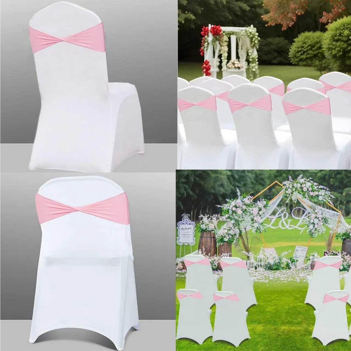 50 PCS Spandex Light Pink Chair Sashes Bows Stretch Chair Cover Bands Ties