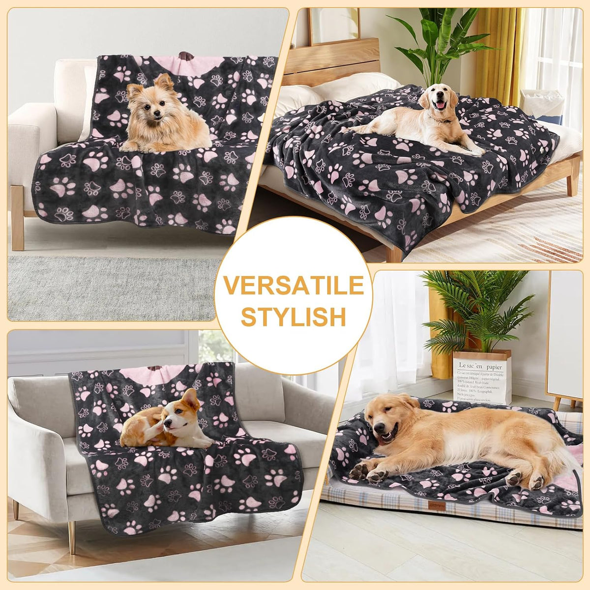 Dog Blanket for Large Dogs, Soft Reversible Cute Paw Grey 60"x50"