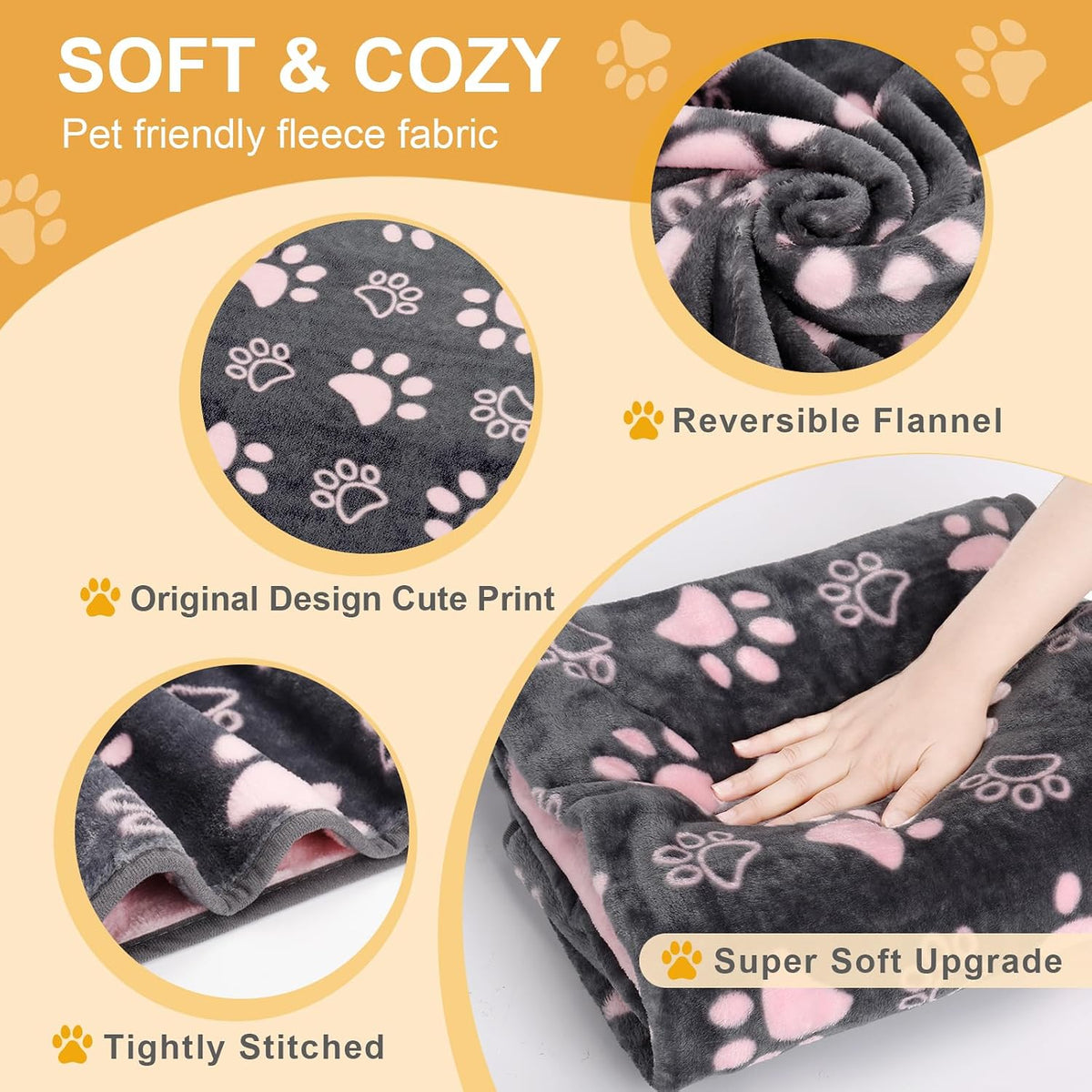 Dog Blanket for Large Dogs, Soft Reversible Cute Paw Grey 60"x50"