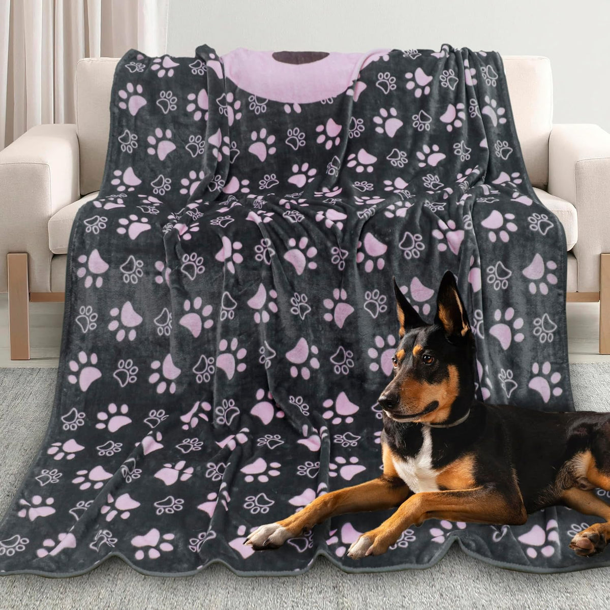Dog Blanket for Large Dogs, Soft Reversible Cute Paw Grey 60"x50"