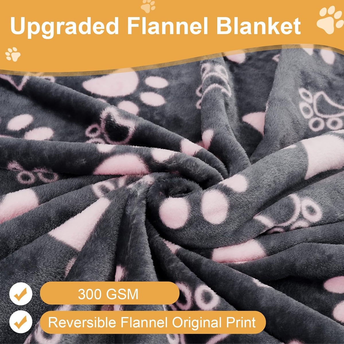 Dog Blanket for Large Dogs, Soft Reversible Cute Paw Grey 60"x50"
