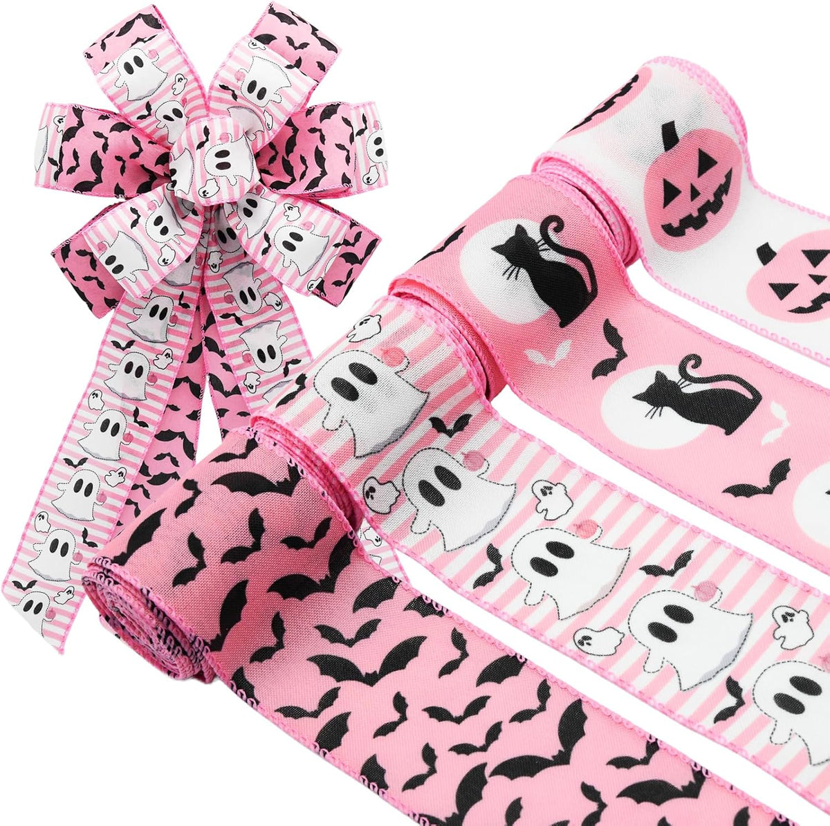 Pink Halloween Wired Ribbon, 4 Rolls Ghost Ribbon for Wreath Bow Making