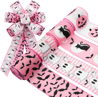Pink Halloween Wired Ribbon, 4 Rolls Ghost Ribbon for Wreath Bow Making