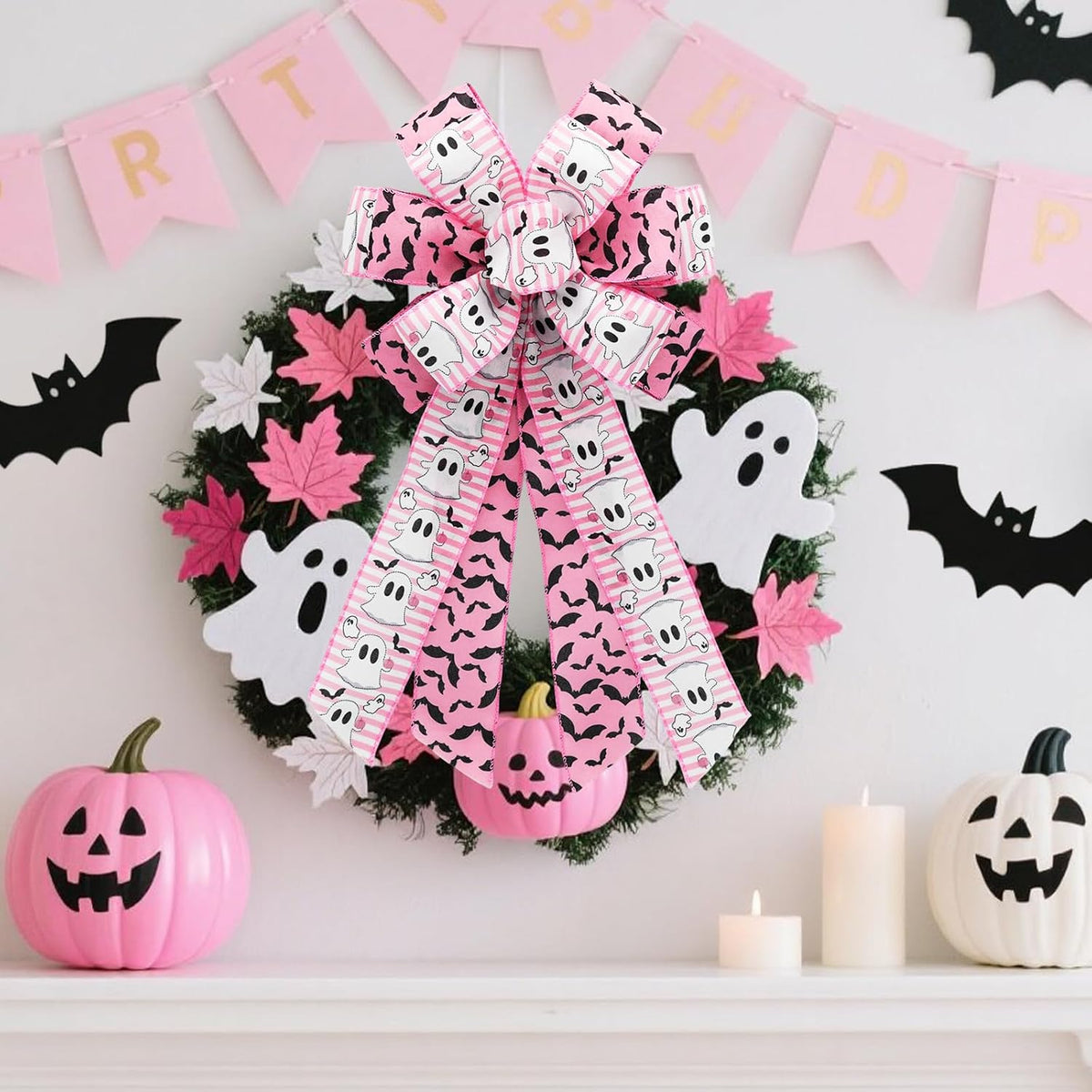 Pink Halloween Wired Ribbon, 4 Rolls Ghost Ribbon for Wreath Bow Making