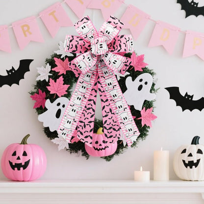 Pink Halloween Wired Ribbon, 4 Rolls Ghost Ribbon for Wreath Bow Making