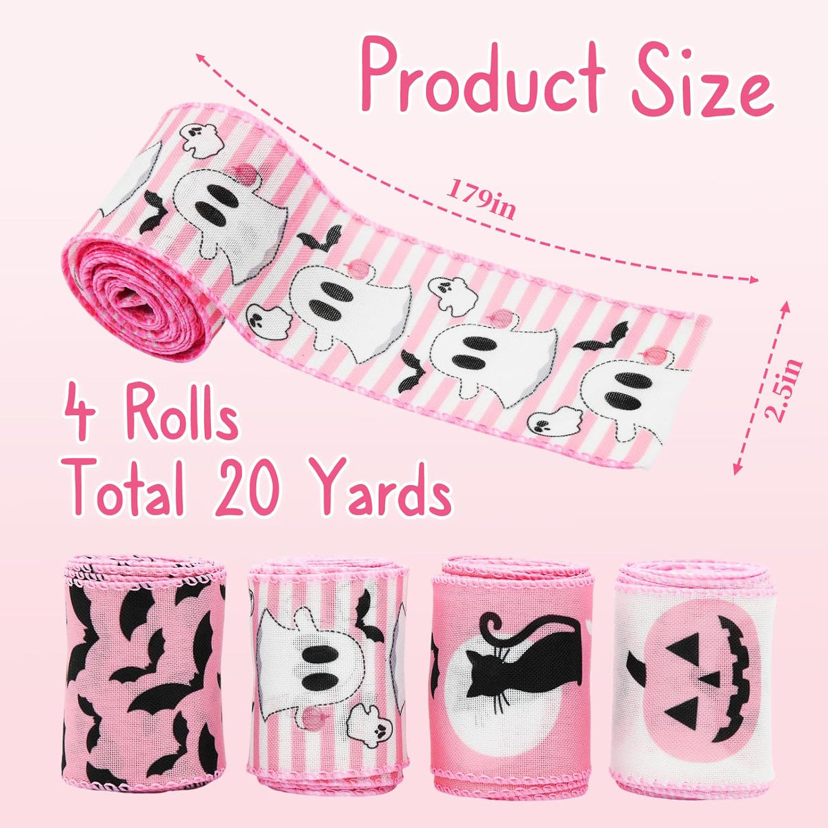 Pink Halloween Wired Ribbon, 4 Rolls Ghost Ribbon for Wreath Bow Making