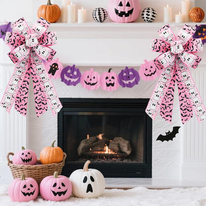 Pink Halloween Wired Ribbon, 4 Rolls Ghost Ribbon for Wreath Bow Making