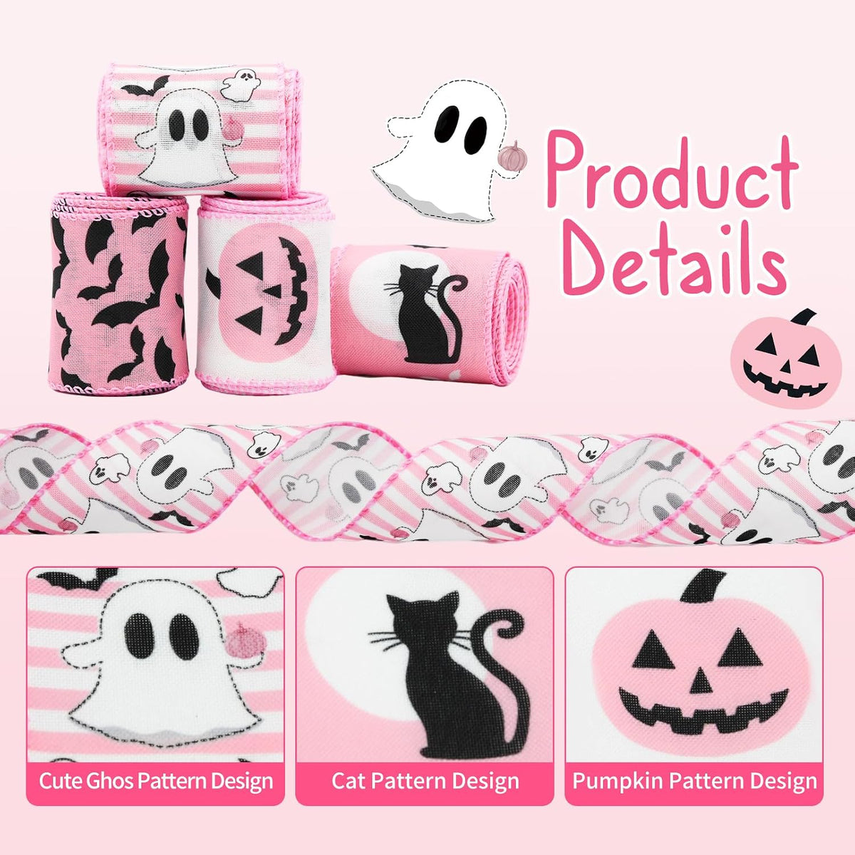 Pink Halloween Wired Ribbon, 4 Rolls Ghost Ribbon for Wreath Bow Making