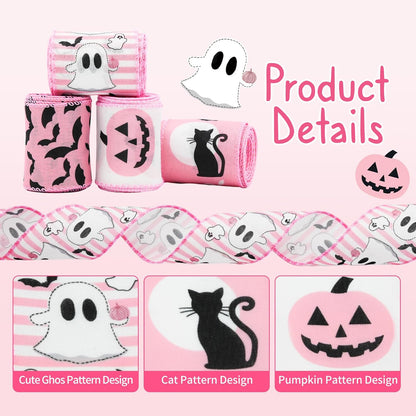 Pink Halloween Wired Ribbon, 4 Rolls Ghost Ribbon for Wreath Bow Making