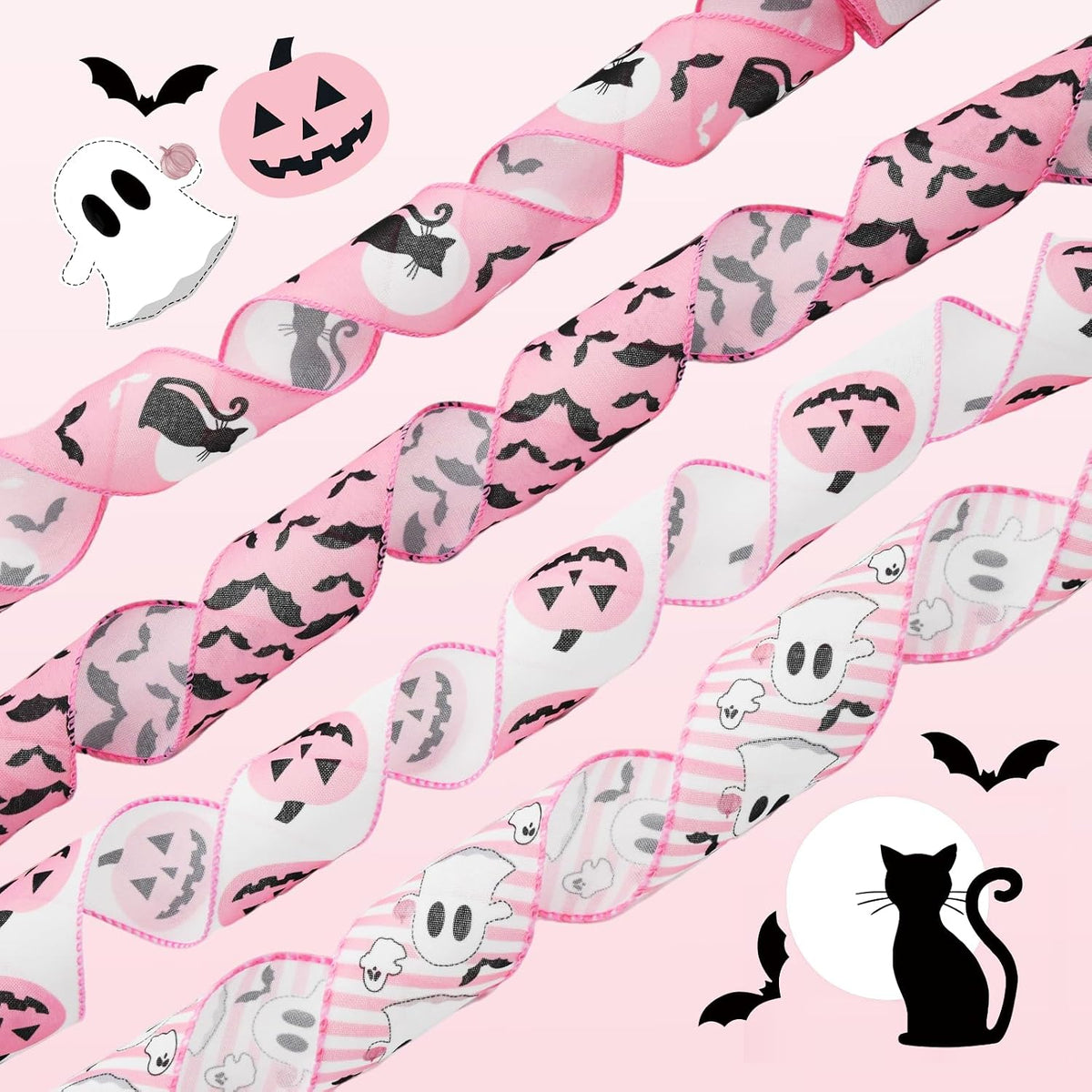Pink Halloween Wired Ribbon, 4 Rolls Ghost Ribbon for Wreath Bow Making