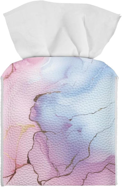 Marble Pink Cube Tissue Box Holders Waterproof Pu Leather Tissue Box Cover Convenient Tissue Box Organizer for Tabletop Bathroom Office Decor