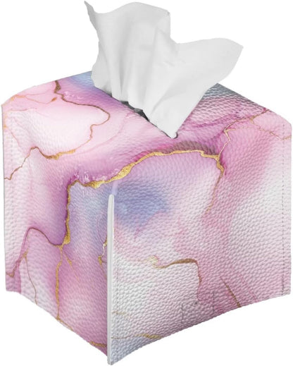 Marble Pink Cube Tissue Box Holders Waterproof Pu Leather Tissue Box Cover Convenient Tissue Box Organizer for Tabletop Bathroom Office Decor