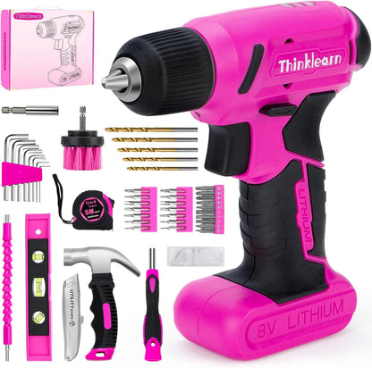 8V Pink Cordless Drill Set, 56 Pcs Power Drill Tool Set for Women