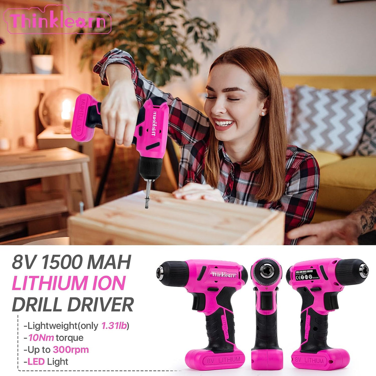 8V Pink Cordless Drill Set, 56 Pcs Power Drill Tool Set for Women